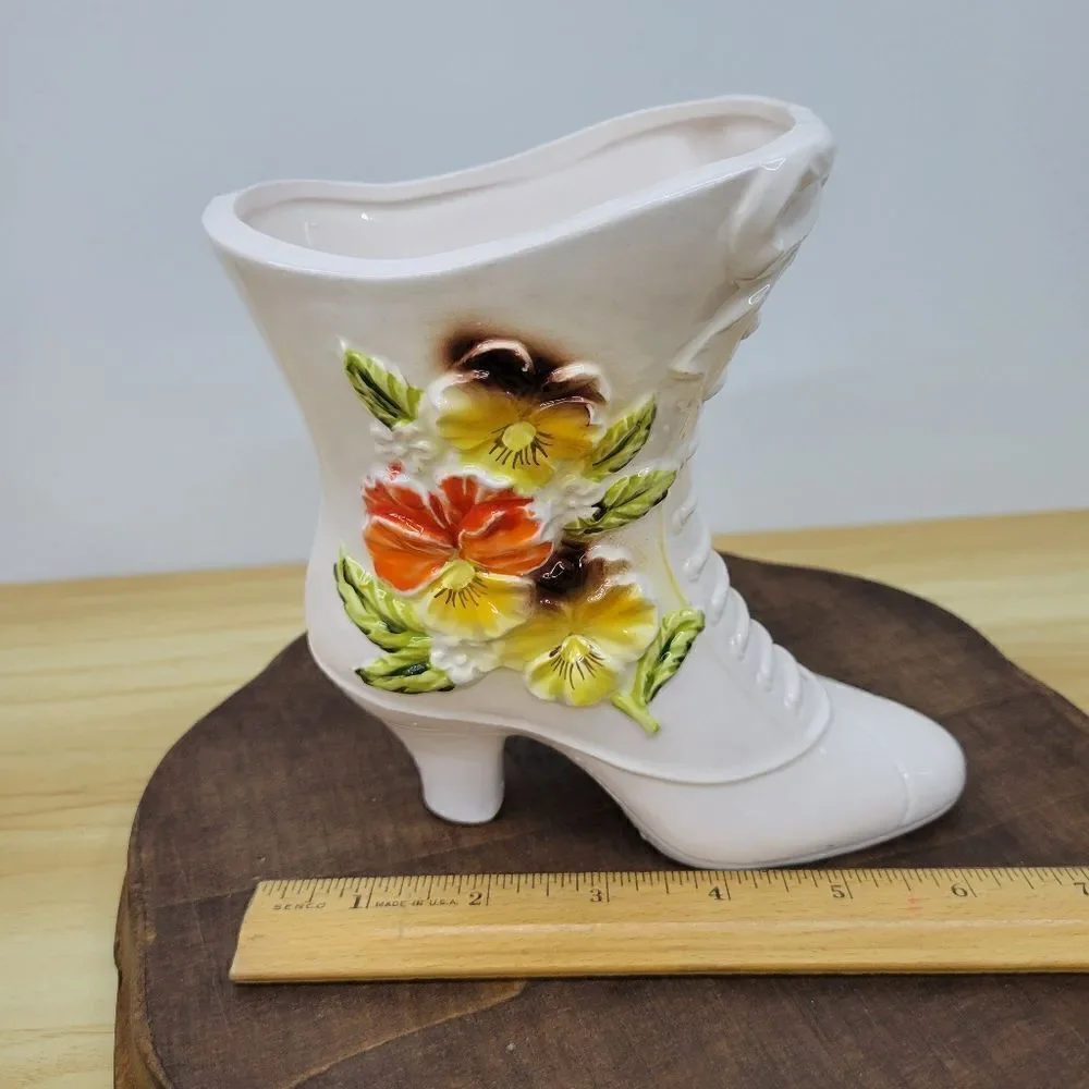 Vintage 1960's Napco Ivory Boot Vase Victorian Style Yellow & Orange Floral Vase